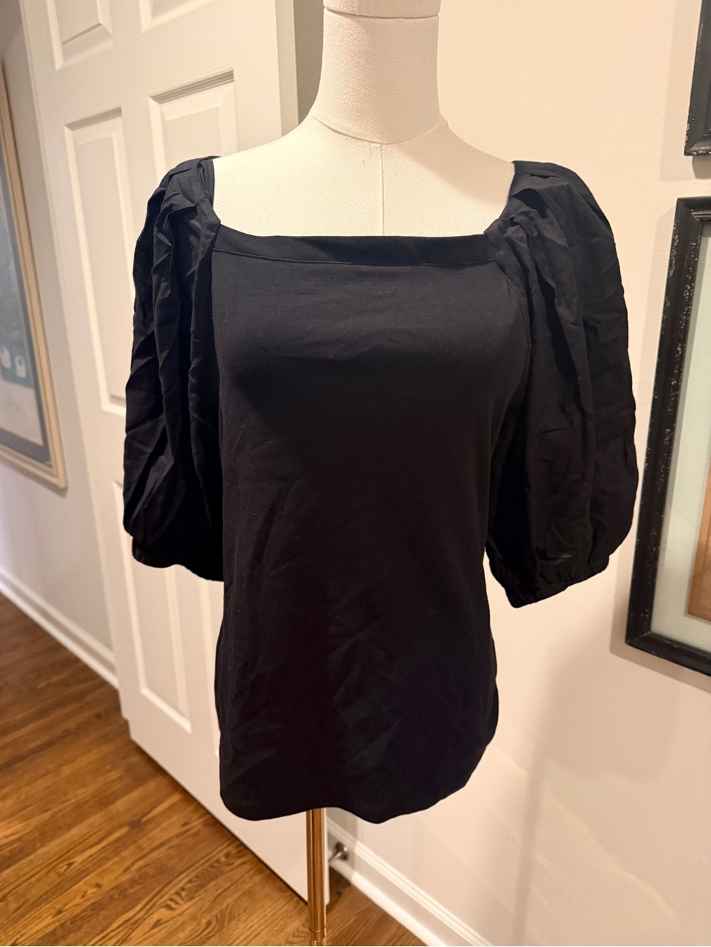 Ann Taylor Black Square Neck Puff Sleeve Top